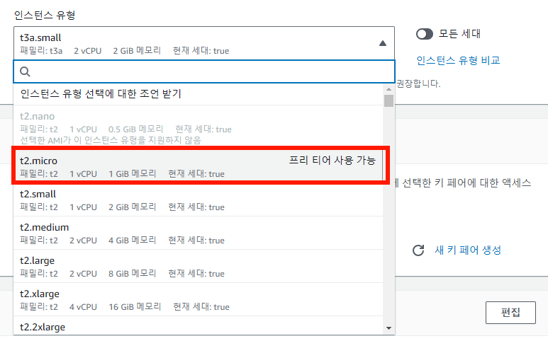 t2.micro 선택